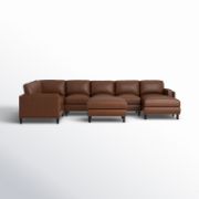 Wide Leather Match Left Hand Facing Corner Sectional with Ottoman