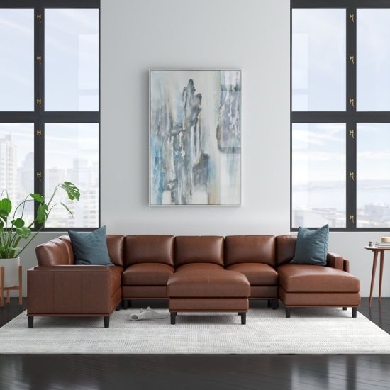 Wide Leather Match Left Hand Facing Corner Sectional with Ottoman