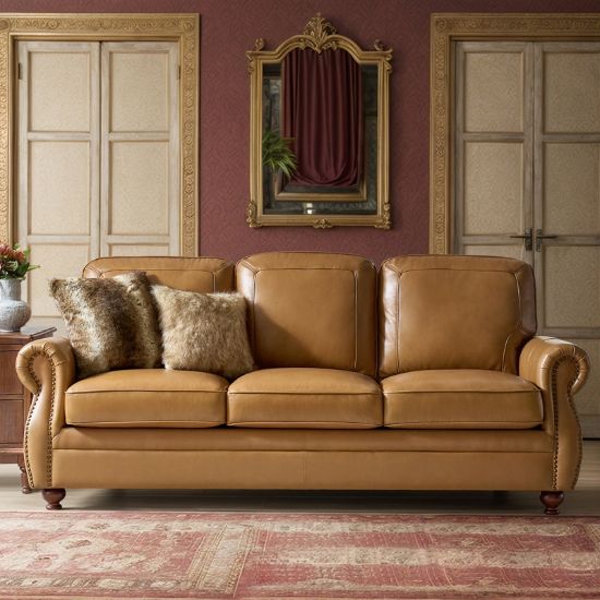 Genuine Leather Traditional Rolled Arms Sofa