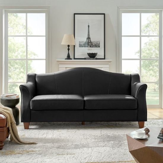 Mid-century Modern lmitation Leather Curved Sofa with Solid Wood Legs