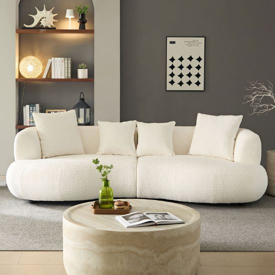 Upholstered 4-Seat Sofa Boucle Fabric Cream Style Couch