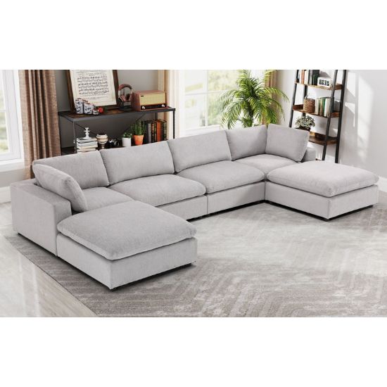 6-Piece Minimalist Modern Soft-Upholstered Sectional With Two Ottomans