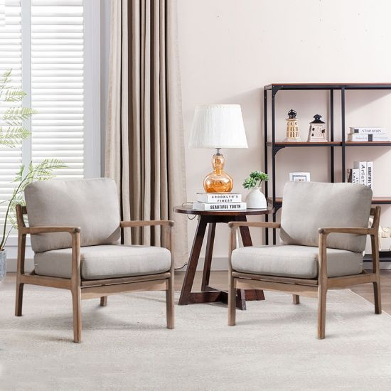 Linen Upholstered ArmChair with Wooden Legs (Set of 2)