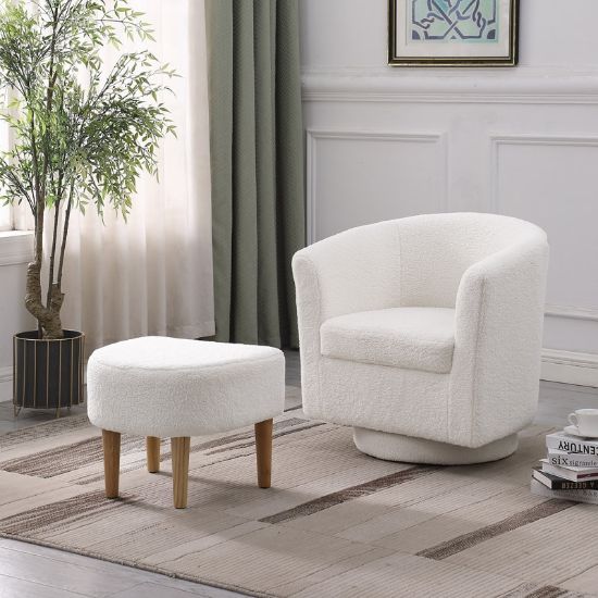 Wide Teddy Fabric Fluffy Faux Fur Swivel Barrel Chair and Ottoman