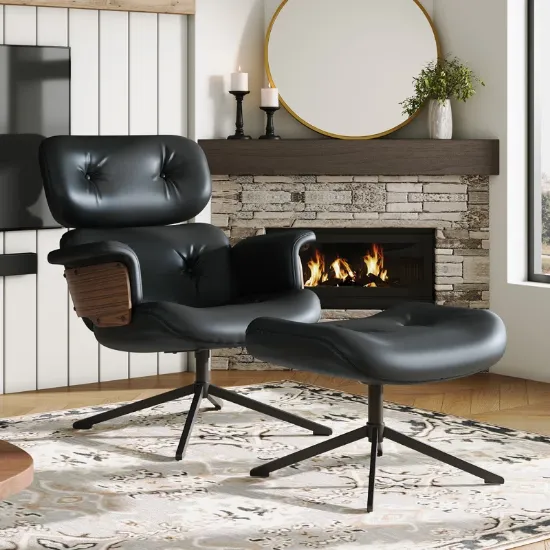 Lounge chair is made of high-quality PU material combined with a walnut design