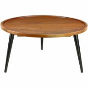 Modern round coffee table with a natural wood top