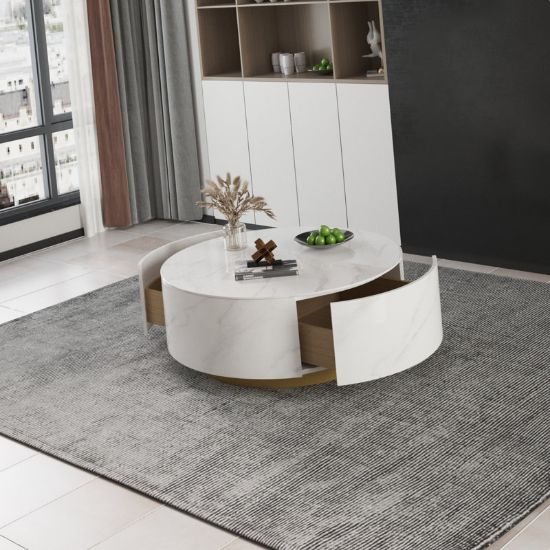 Round coffee table with storage and two drawers