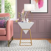 Wood Inverted Pyramid Geometric Side End Accent Table with Gold Metal Stand