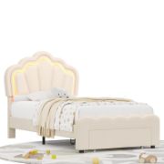 Kids’ Upholstered LED Bed with Storage Drawer and Adjustable Headboard