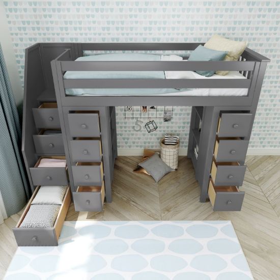 Twin 12 Drawer Solid Wood Loft Bed with Bookcase and Built-in Stairs