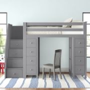 Twin 12 Drawer Solid Wood Loft Bed with Bookcase and Built-in Stairs