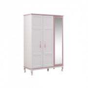 White and Pink Lined Kids Wardrobe with Built-in Mirror