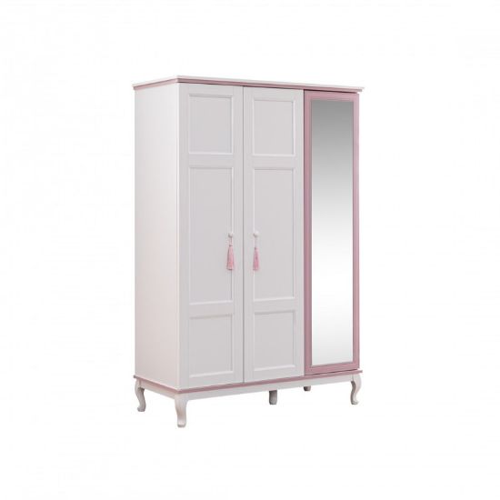 White and Pink Lined Kids Wardrobe with Built-in Mirror