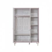 White and Pink Lined Kids Wardrobe with Built-in Mirror