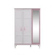 White and Pink Lined Kids Wardrobe with Built-in Mirror