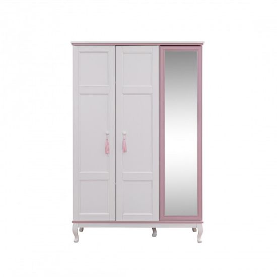 White and Pink Lined Kids Wardrobe with Built-in Mirror