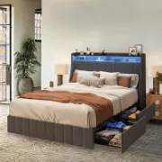 Upholstered Bed with LED Lighted Headboard