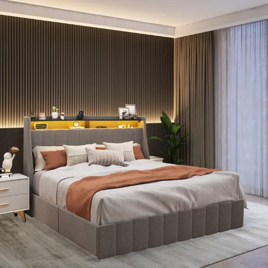 Upholstered Bed with LED Lighted Headboard