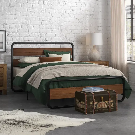 Minos Modern Metal Bed Frame with Wooden Headboard and Footboard