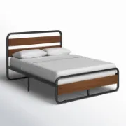 Minos Modern Metal Bed Frame with Wooden Headboard and Footboard