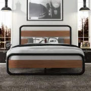 Minos Modern Metal Bed Frame with Wooden Headboard and Footboard