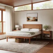 Mid-Century Solid Wood Bed – Durable with Under-Bed Storage