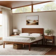 Mid-Century Solid Wood Bed – Durable with Under-Bed Storage