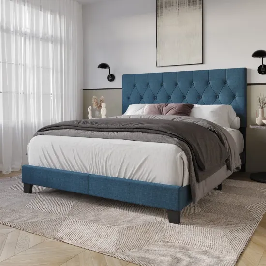 Upholstered Bed with Button-Tufted Rectangular Backboard