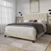 Upholstered Bed with Button-Tufted Rectangular Backboard