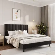 Upholstered Bed with Velvet and Striped Headboard