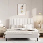 Upholstered Bed with Velvet and Striped Headboard