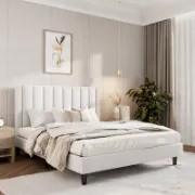 Upholstered Bed with Velvet and Striped Headboard