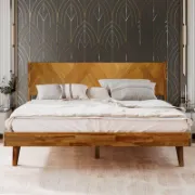 Solid Wood Bed Frame with Artistic Patterned Backboard