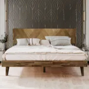 Solid Wood Bed Frame with Artistic Patterned Backboard