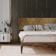 Solid Wood Bed Frame with Artistic Patterned Backboard