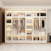 Glass Wardrobe Closet with Lighting and Multiple Shelves