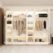 Glass Wardrobe Closet with Lighting and Multiple Shelves