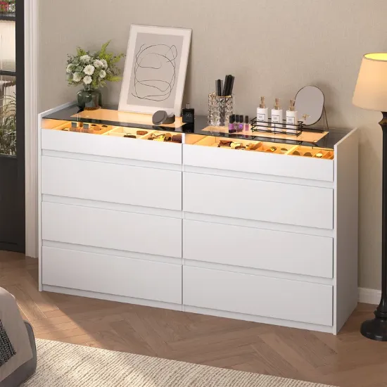 8-Drawer Double Dresser with Tempered Glass Top