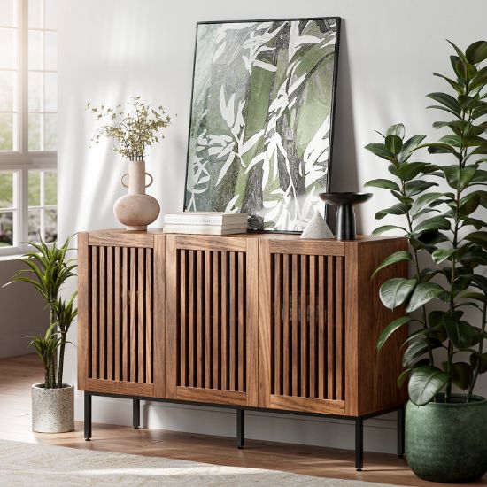 Modern Brown Buffet Cabinet with Grille Doors and Adjustable Shelves