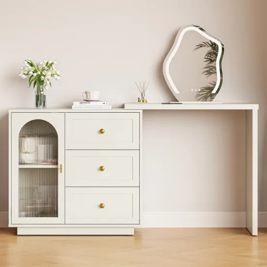 Extendable Makeup Vanity Table with 3 Drawers and Elegant Acrylic Door