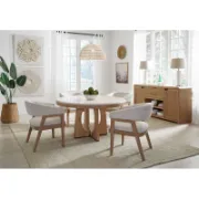 Round Stone Top Dining Table with Solid Wood Base