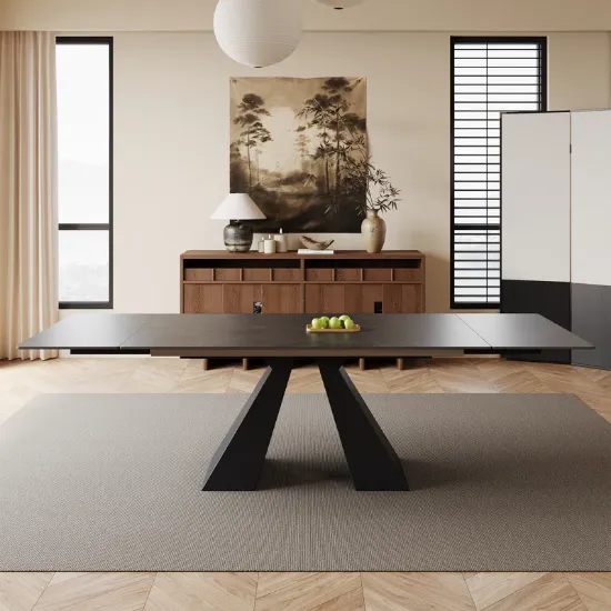Rectangular Extendable Dining Table with Stone Top and Metal Legs