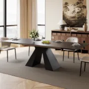 Rectangular Extendable Dining Table with Stone Top and Metal Legs