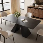 Rectangular Extendable Dining Table with Stone Top and Metal Legs