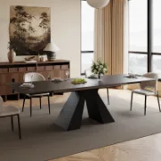 Rectangular Extendable Dining Table with Stone Top and Metal Legs