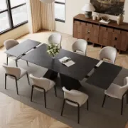 Rectangular Extendable Dining Table with Stone Top and Metal Legs