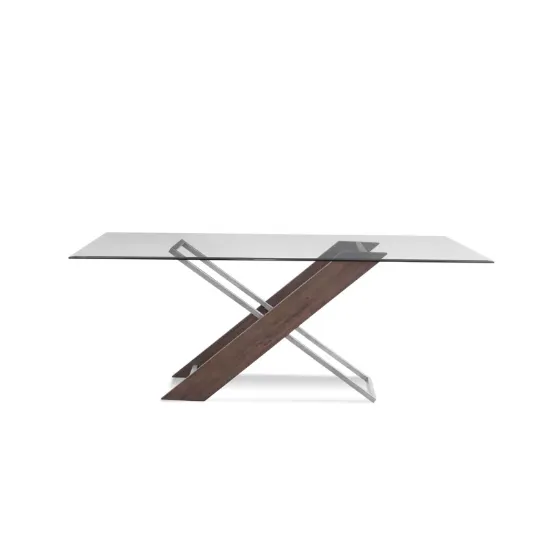 Glass Top Dining Table with Wood and Metal Base